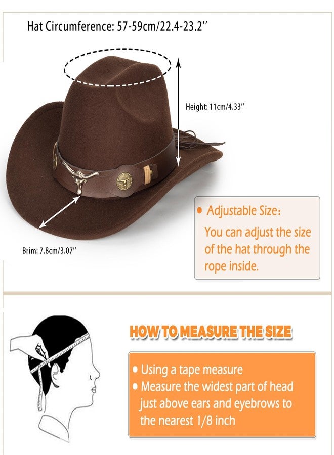CXQRR Brown Cowboy Cowgirl Hat for Women Men Western Style Wide Brim Felt Fedora Panama Hat with Detachable Belt Buckle - Image 3